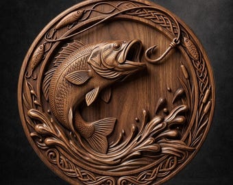 Bass Fishing STL Model | CNC Wood Carving Relief 3D File