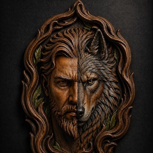 May include: A detailed wooden carving featuring a split face: one half a man, the other a wolf. The carving is framed by ornate, swirling wood and leaves. The words "STL Model" are in gold lettering at the top.