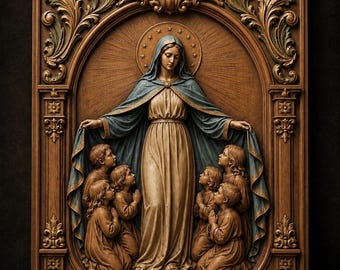 Può includere: Un bassorilievo rettangolare in legno con il testo STL Model in alto. La figura centrale è una donna con un mantello blu e un'aureola di stelle, che ripara cinque bambini inginocchiati sotto il suo manto all'interno di una cornice intagliata.