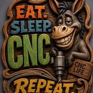 May include: Wooden sign with the words "EAT. SLEEP. CNC. REPEAT." in orange, blue, green, and yellow. A smiling donkey holds a CNC machine tool. The sign also says "CNC LIFE."