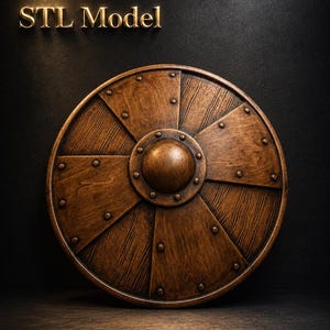 Puede incluir: Un escudo circular de madera con un acabado marrón oscuro y textura de veta de madera visible. El escudo presenta una cúpula central, ocho paneles radiales y remaches de color metal a lo largo de los bordes y el centro. El texto STL Model es visible.