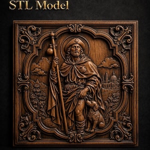 May include: A square wooden relief carving featuring the text STL Model at the top. The central figure is a bearded traveler in a cloak and hat holding a staff, accompanied by a dog. The scene includes a building, clouds, and foliage.