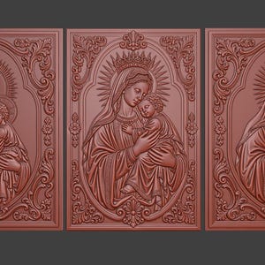 May include: A set of three rectangular wall plaques in a reddish-brown tone, each featuring an identical bas-relief carving of a figure holding a child. The central figures are surrounded by an ornate, decorative border with floral motifs.