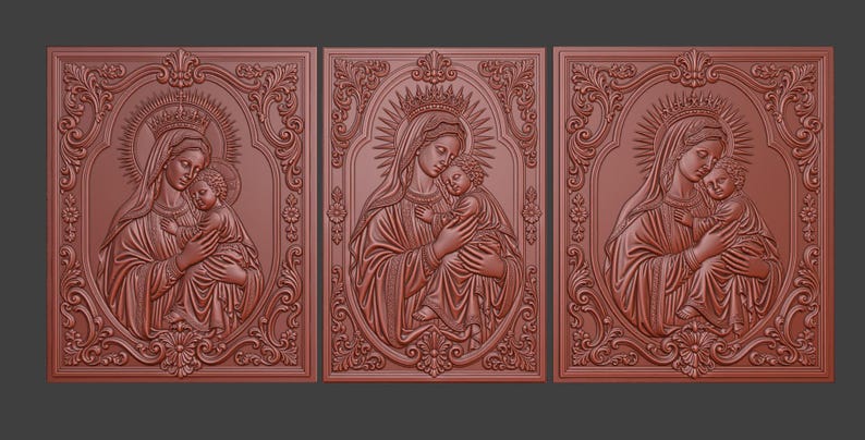 May include: A set of three rectangular wall plaques in a reddish-brown tone, each featuring an identical bas-relief carving of a figure holding a child. The central figures are surrounded by an ornate, decorative border with floral motifs.