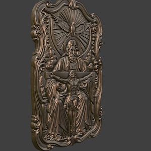 May include: A bronze-colored religious relief sculpture depicting the Holy Trinity. The sculpture features God the Father, Jesus on the cross, and the Holy Spirit as a dove, all within an ornate frame. The word "INRI" is visible on the cross.
