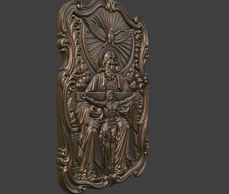 May include: A bronze-colored religious relief sculpture depicting the Holy Trinity. The sculpture features God the Father, Jesus on the cross, and the Holy Spirit as a dove, all within an ornate frame. The word "INRI" is visible on the cross.