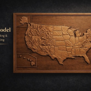 May include: A wooden 3D model of the United States, showcasing the country's topography. The map is framed and has a detailed relief, with the text "3D Model For CNC Milling & D Printing" in the upper left corner.