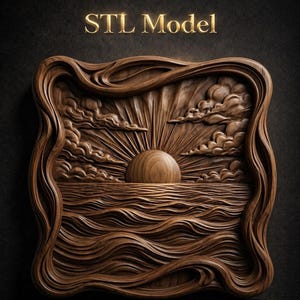 May include: A carved wooden panel featuring a sunrise over the ocean. The artwork is framed with a flowing, organic border. The text "STL Model" is displayed in gold lettering above the panel.