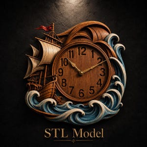 May include: A wooden wall clock with a nautical theme. The clock face is surrounded by carved waves and a sailing ship. The clock hands are gold-colored, and the numbers are black. The clock has the text "STL Model" at the bottom.