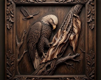 May include: A detailed wooden relief carving of an American bald eagle perched on a tree branch, draped with a carved American flag. The artwork is framed with oak leaves and acorns, and a second eagle is in flight. The piece is finished in shades of brown.