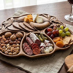 May include: A carved wooden serving platter with multiple compartments filled with an assortment of food including sliced salami, cured meats, green grapes, dried apricots, crackers, assorted nuts, cheese cubes, and small pickles.
