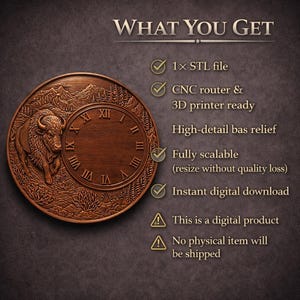 Bison Clock STL File | 3D CNC Relief Model | Wood Carving Digital Download image 9