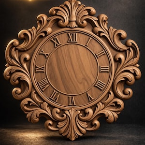 May include: A circular wooden clock face featuring Roman numerals from I to XII, surrounded by an ornate, carved wooden frame with symmetrical scrollwork patterns. The text "STL Model" is visible in the upper left corner.