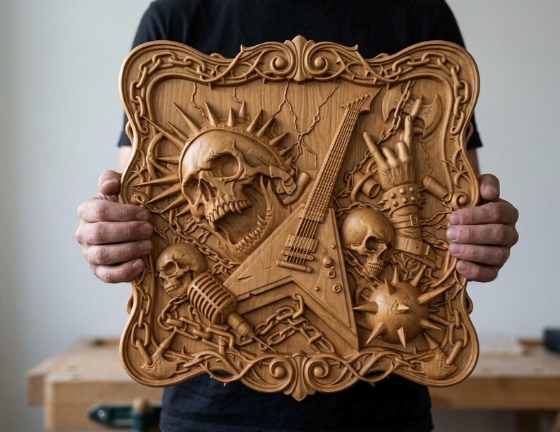 May include: A wooden relief carving featuring a skull with sun rays, a guitar, and other rock and roll themed elements. The artwork is framed with an ornate border and is held by a person.