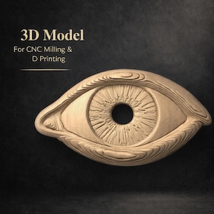 Op de afbeelding: Een houten 3D-model van een oog, met gedetailleerde iris- en ooglidkenmerken. De tekst "3D Model" en "For CNC Milling & D Printing" wordt boven het oog weergegeven. Het oog is lichtbruin tegen een donkere achtergrond.
