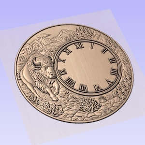 May include: A circular tan-coloured relief plaque featuring a detailed bison in the foreground. The background depicts a mountain range and pine trees. A clock face with Roman numerals is integrated into the right side of the design.