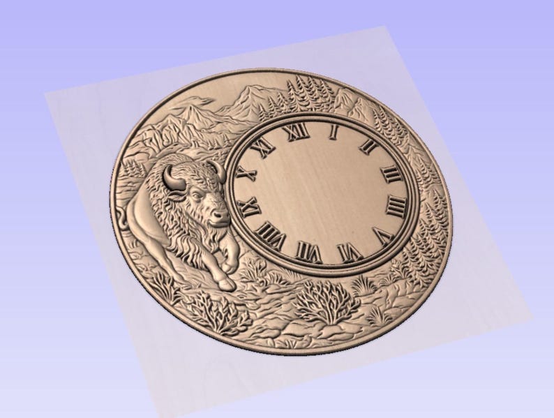 May include: A circular tan-coloured relief plaque featuring a detailed bison in the foreground. The background depicts a mountain range and pine trees. A clock face with Roman numerals is integrated into the right side of the design.