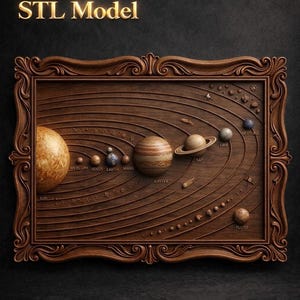 May include: A wooden framed 3D model of the solar system. The planets are carved into the wood, with the sun and planets labeled. The text "STL Model" is at the top.