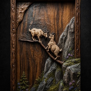 May include: A rectangular wooden wall relief featuring two carved goats standing on a branch. The scene includes textured rock formations, small green trees, and purple flowers. The text "STL Model" is visible in the top left corner of the frame.