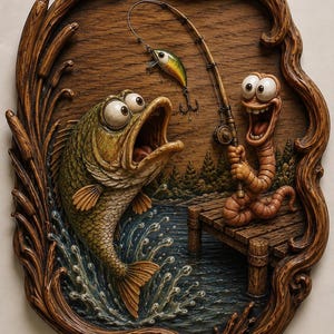 Puede incluir: Una caprichosa talla en relieve de madera que representa a un pez saltando fuera del agua, sorprendido por un señuelo de pesca. Un gusano de dibujos animados sostiene alegremente la caña de pescar en un muelle de madera. La obra está enmarcada con un borde de madera decorativo.