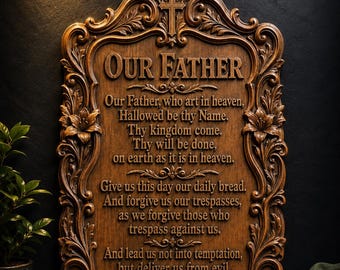 May include: A rectangular wooden wall plaque featuring an ornate carved frame with floral motifs and a cross at the top. The center displays the Lord's Prayer in raised lettering, starting with Our Father and ending with Amen, with STL Model text above.