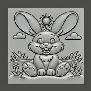 May include: A gray, 3D-rendered image of a smiling cartoon bunny with large ears, sitting in a field with grass, flowers, a sun, and clouds. The bunny has a happy expression and is centered in the image.