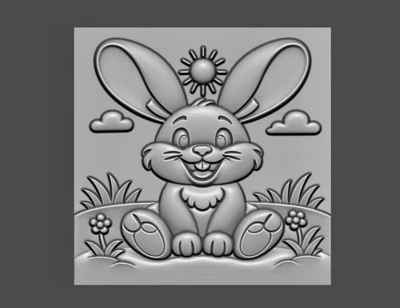 May include: A gray, 3D-rendered image of a smiling cartoon bunny with large ears, sitting in a field with grass, flowers, a sun, and clouds. The bunny has a happy expression and is centered in the image.