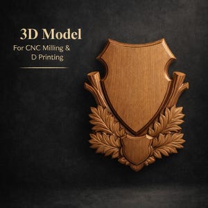 Puede incluir: Modelo 3D de madera de un escudo con detalles de hojas decorativas. El texto "3D Model For CNC Milling & D Printing" se muestra encima del escudo. El escudo es de color marrón claro y está sobre un fondo oscuro.