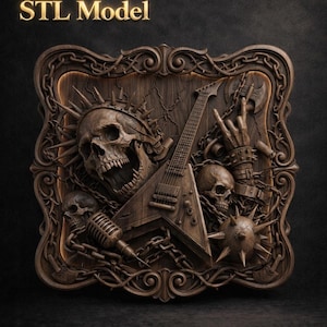 Skull Guitar 3D Relief STL | CNC Wood Carving Model, Rock Gothic Decor image 1