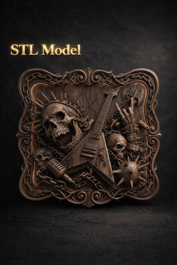 Skull Guitar 3D Relief STL | CNC Wood Carving Model, Rock Gothic Decor