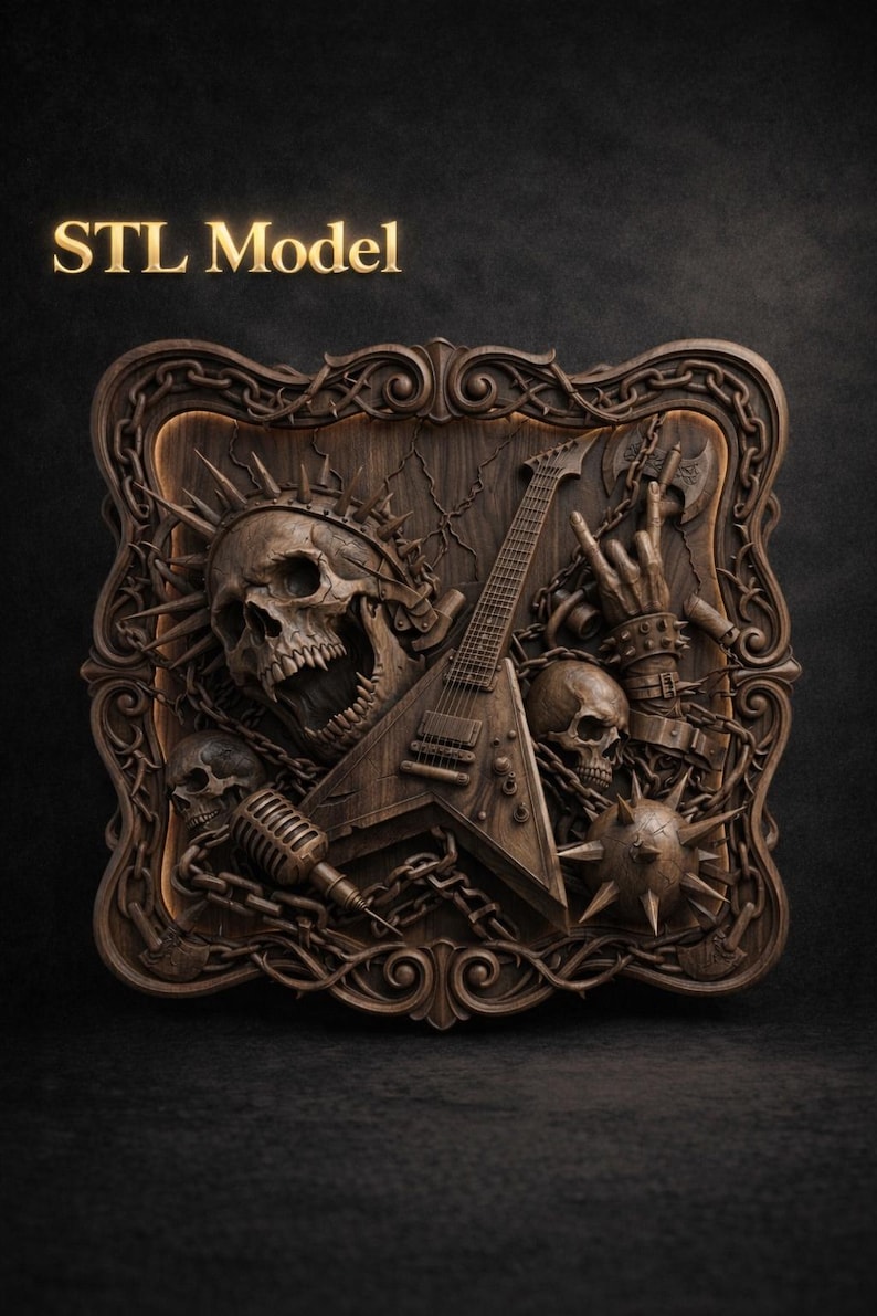 Skull Guitar 3D Relief STL | CNC Wood Carving Model, Rock Gothic Decor image 1
