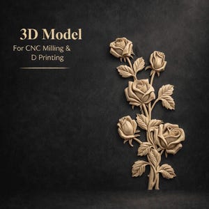 Könnte beinhalten: Ein 3D-Modell eines Rosenzweigs mit fünf Rosen und Blättern, in hellem Braun dargestellt. Der Text "3D Model For CNC Milling & D Printing" wird in goldener Schrift auf dunklem Hintergrund angezeigt.
