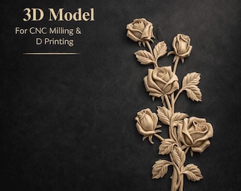 Rose Branch Relief 3D STL File for CNC Router & 3D Printing | Floral Decorative Carving