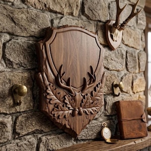 May include: A wooden plaque with carved deer antlers and oak leaves, mounted on a stone wall. A deer antler mount, brass hooks, a leather-bound journal, and a pocket watch are also visible. The items are arranged on a wooden shelf.