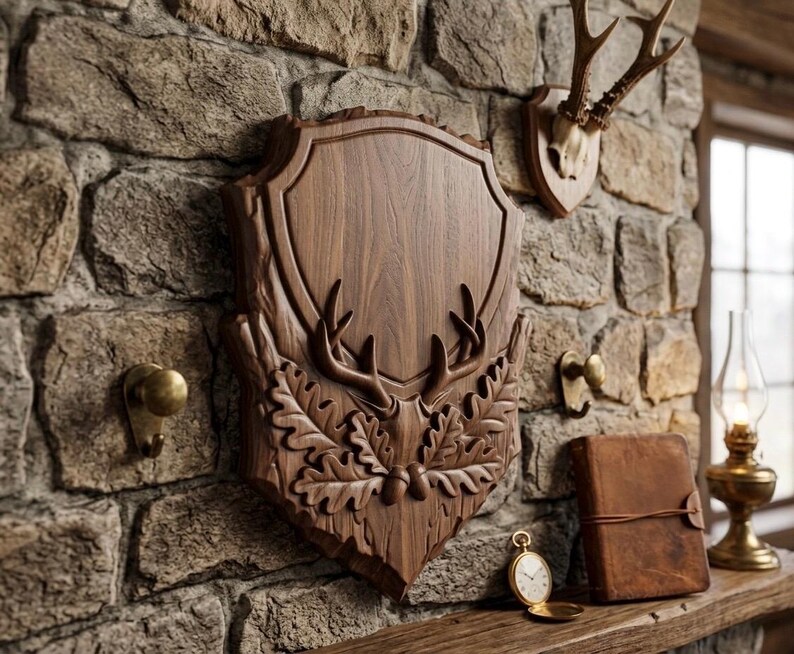 May include: A wooden plaque with carved deer antlers and oak leaves, mounted on a stone wall. A deer antler mount, brass hooks, a leather-bound journal, and a pocket watch are also visible. The items are arranged on a wooden shelf.