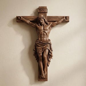 以下が含まれることがあります： 木製の十字架の彫刻で、十字架上のイエス・キリストを描いています。 彫刻は、茨の冠とドレープされた布で、詳細でリアルなスタイルで彫られています。 十字架の上部にはINRIの文字があります。