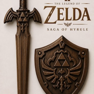 May include: A wooden replica of the Master Sword and Hylian Shield from The Legend of Zelda, with the game's logo. The sword has a detailed hilt and blade, while the shield features the Triforce symbol.