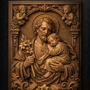 Puede incluir: Escultura en relieve de madera detallada que representa a un hombre sosteniendo a un niño dormido, con un halo y lirios. Dos querubines están en las esquinas superiores. El texto "STL Model" está en la parte superior. El relieve está enmarcado con tallas ornamentadas.