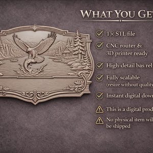 K&ouml;nnte beinhalten: Ein detailliertes Flachrelief-Design mit einem Adler, der einen Fisch f&auml;ngt, vor dem Hintergrund eines Sees, Bergen und B&auml;umen. Das Design ist mit kunstvollen Schn&ouml;rkeln umrahmt und enth&auml;lt den Text "WHAT YOU GET" mit Produktdetails.