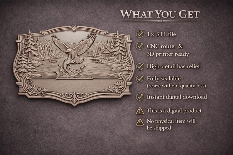 K&ouml;nnte beinhalten: Ein detailliertes Flachrelief-Design mit einem Adler, der einen Fisch f&auml;ngt, vor dem Hintergrund eines Sees, Bergen und B&auml;umen. Das Design ist mit kunstvollen Schn&ouml;rkeln umrahmt und enth&auml;lt den Text "WHAT YOU GET" mit Produktdetails.