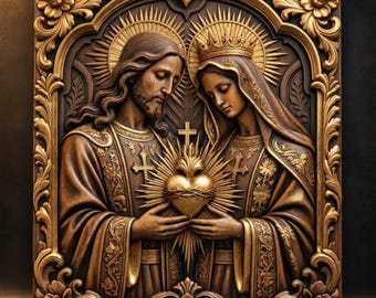 Könnte beinhalten: Ein rechteckiges Holzrelief mit der Aufschrift STL Model, das Jesus und Maria zeigt, die ein strahlendes Herz halten. Die Figuren sind von einem verzierten Blumenrahmen mit goldenen Akzenten und Strahlenkränzen umgeben.