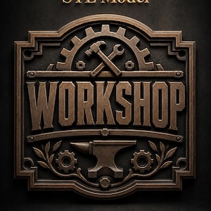 May include: A rectangular bronze-toned plaque featuring the text "STL Model" at the top and the word "WORKSHOP" in large, bold letters. The design includes a gear, a crossed hammer and wrench, an anvil, and small gears with leaf accents.
