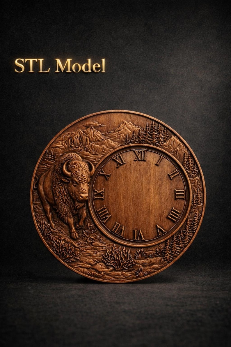 May include: A circular brown wooden wall clock featuring a relief carving of a bison in a mountain forest landscape. The clock face displays Roman numerals from I to XII. The text STL Model is visible in the upper left corner of the image.