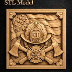 May include: A square wooden relief carving featuring the text STL Model at the top. The design displays a firefighter helmet with the letters FD and the word FIREFIGHTER, two crossed axes, a central emblem, and a waving American flag background.