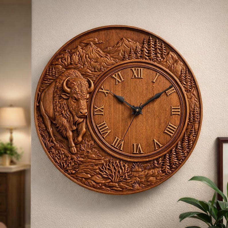 Bison Clock STL File | 3D CNC Relief Model | Wood Carving Digital Download image 2