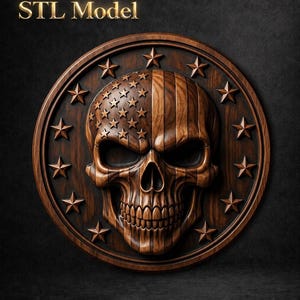 Peut inclure: Une plaque murale circulaire en bois présentant un crâne sculpté avec un motif divisé d'étoiles et de rayures sur sa surface. Le crâne est entouré d'un cercle de douze étoiles sculptées. Le texte "STL Model" est visible dans le coin supérieur gauche.