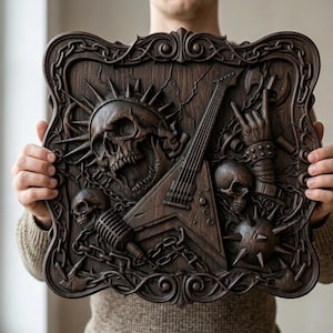 May include: A dark brown, carved wooden plaque featuring a skull with sun rays, a guitar, a microphone, and a hand making a rock and roll gesture. The plaque has a decorative border and is held by a person.
