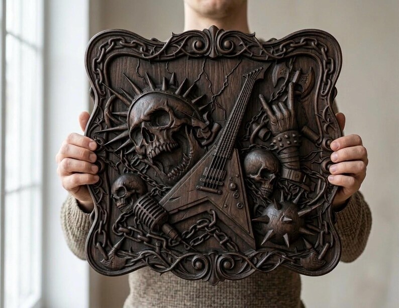 May include: A dark brown, carved wooden plaque featuring a skull with sun rays, a guitar, a microphone, and a hand making a rock and roll gesture. The plaque has a decorative border and is held by a person.