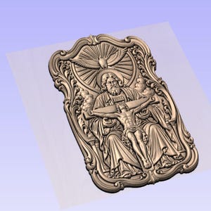May include: A detailed, bronze-colored relief carving depicting a religious scene. The artwork features a central figure on a cross, with other figures and ornate scrollwork. The design includes a dove and rays of light.