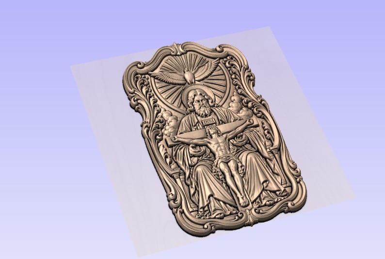 May include: A detailed, bronze-colored relief carving depicting a religious scene. The artwork features a central figure on a cross, with other figures and ornate scrollwork. The design includes a dove and rays of light.